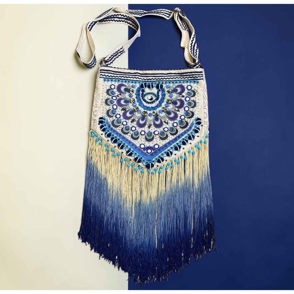 Labellum by Hillary Scott Crossbody Bag Beaded Fringed Blue Boho Eclectic Resort